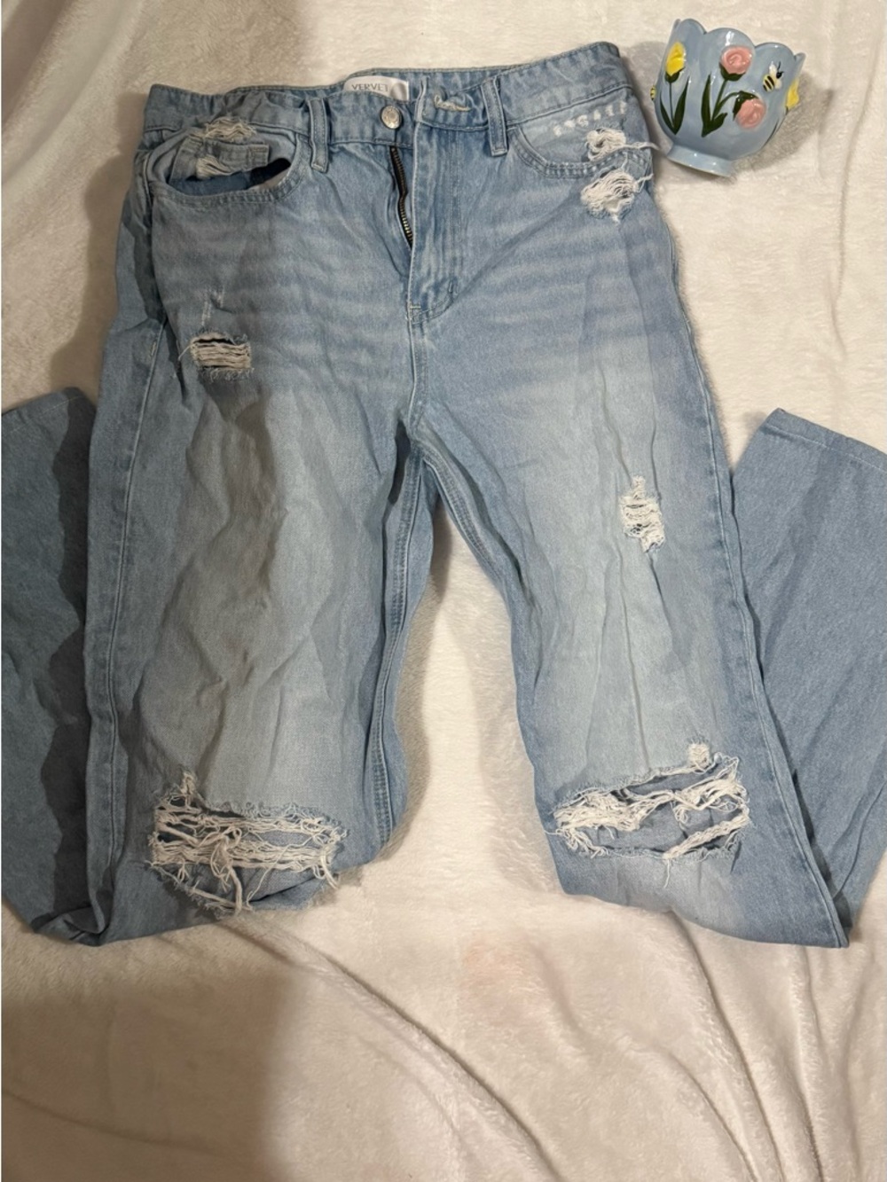 Light Blue Distressed Boyfriend Jeans — Casual Mid-Rise Fit
